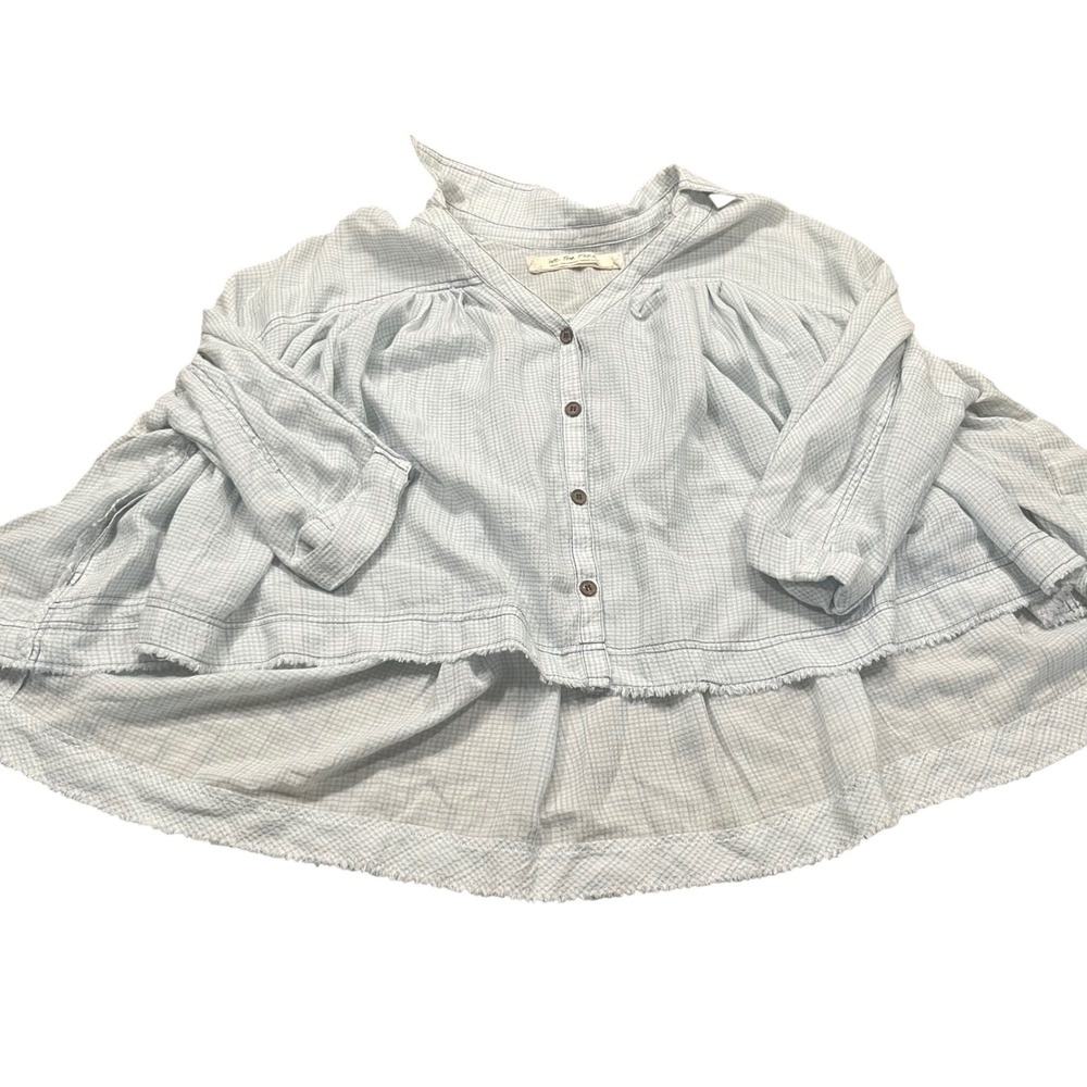 We The Free Free People Blue Grid Button Down High Low Raw Hem Blouse Small